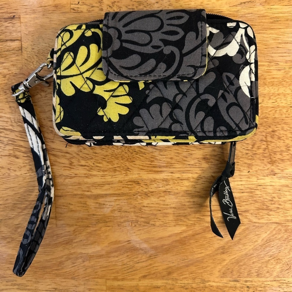 Vera Bradley Retired Pattern Baroque Black and Yellow Gray Floral Wristlet